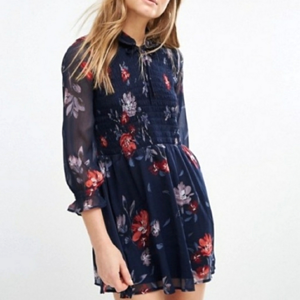 Abercrombie & Fitch Navy Blue Floral Chiffon Mini Dress Size L